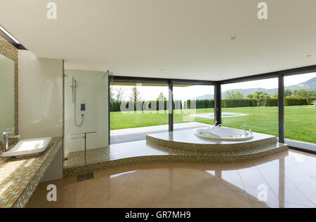 beautiful room with jacuzzi, window overlooking the garden Stock Photo