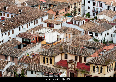 View Over The Roof Tops Of The Old Town District Albayzin, Granada, Andalusia, Spain Stock Photo