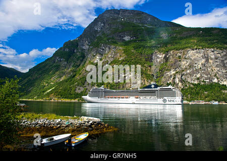 Cruise Ship Msc Poesia In The Geiranger Fjord, Geiranger, Norway Stock Photo