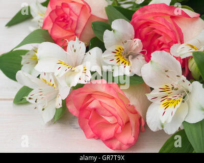 Salmon roses and delicate white alstroemeria bunch on the white wooden planks Stock Photo