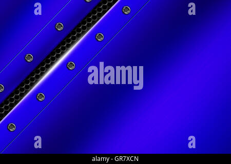 blue metal background with rivet on gray metallic mesh. background and ...