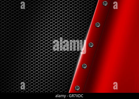 red metal background with rivet on gray metallic mesh. background and texture 3d illustration. Stock Photo