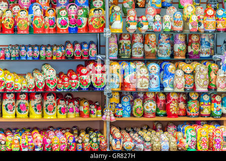 Display of colorful russian dolls (matriockkas) in Russia Stock Photo