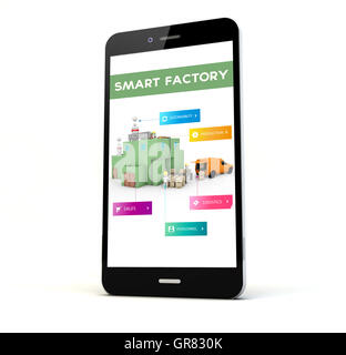 render of a phone with smart factory on the screen isolated. Screen graphics are made up.3d rendering. Stock Photo