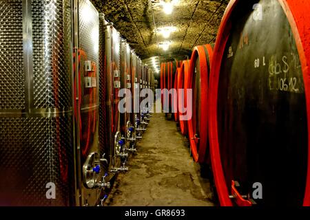 Stainless Steel Tanks And The Wine Cellar Juhaszvin Holzfaesser In Eger, Hungary Stock Photo