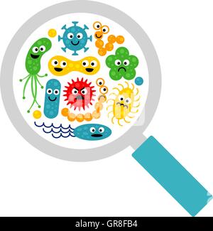 Image of magnifier and cute funny bacterias, germs Stock Vector