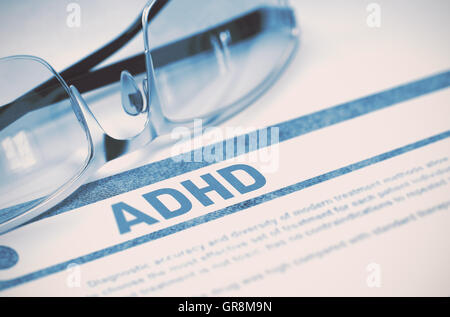 ADHD - Printed Diagnosis. Medicine Concept. 3D Illustration. Stock Photo