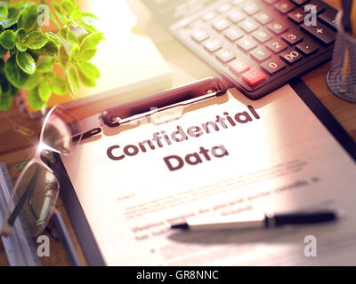 Confidential Data Concept on Clipboard. 3D Illustration. Stock Photo