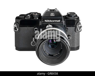 1975 Nikkormat EL in Black with 55mm Micro Nikkor lens Stock Photo