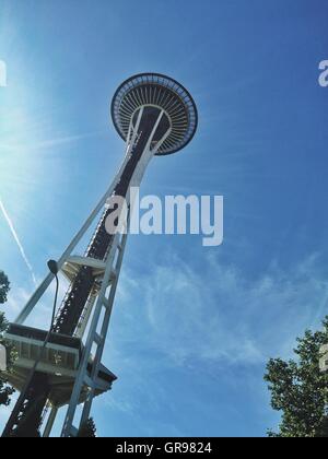 Low Angle View Of Space Needle Against Blue Sky