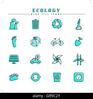 Ecology blue fill icons set Stock Vector