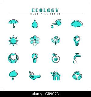 Ecology blue fill icons set Stock Vector