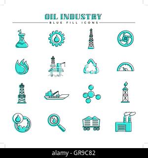 Oil industry and energy, blue fill icons set Stock Vector
