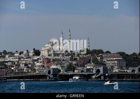 Galata Bridge With Suleymaniye Mosque In Background, Istanbul Stock Photo