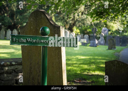 Sign to Wordsworth's grave in St. Oswald's Church Grasmere, Lake District, Cumbria, UK Stock Photo