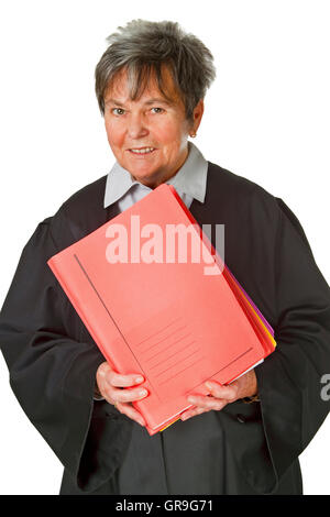 Female lawyer wearing a black robe isolated on white background Stock Photo