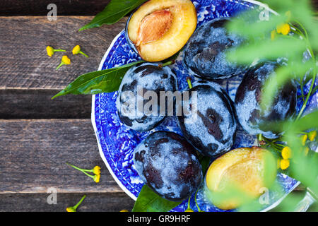 Fresh  ripe blue plums on plate, wooden table, top view Stock Photo