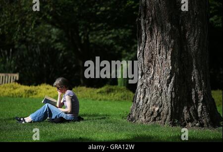 A woman reads a book while enjoying the sunshine at the national botanic gardens in Dublin during a spell of good weather. Stock Photo