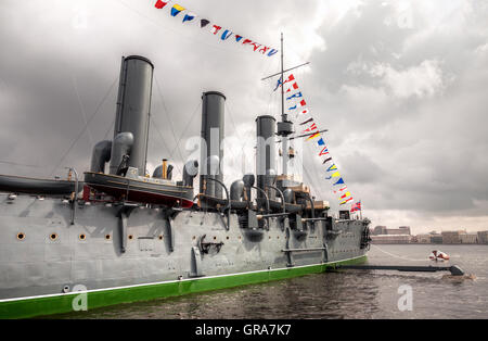 The legendary revolutionary cruiser Aurora at the place of eternal parking Stock Photo