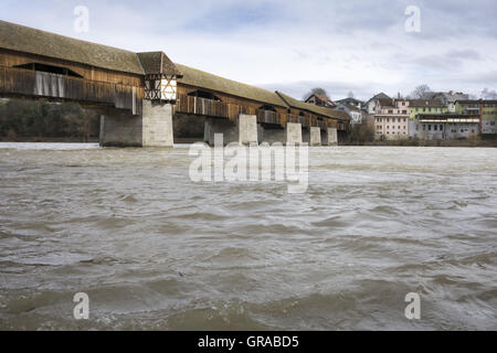 Longest Covered Wooden Bridge In Europe, Bad Saeckingen, Waldshut District, Upper Rhine, Black Forest, Baden-Wuerttemberg, Germany, Europe Stock Photo