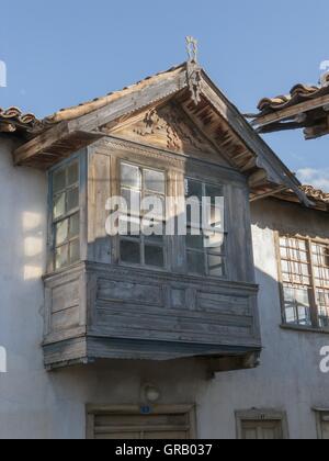Typical Wooden Oriel In Tasagil, Turkey, As Projecting Street Balcony Built With Extensive Decorative Elements
