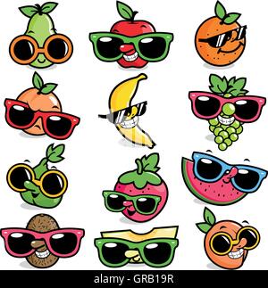 Cartoon fruits wearing sunglasses collection. Stock Vector