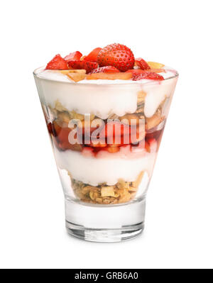 Glass of fruit and yogurt parfait isolated on white Stock Photo