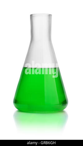 Laboratory conical flask with green liquid isolated on white Stock Photo