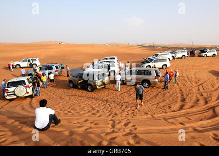 The Dubai desert trip in off-road car is major tourists attraction in Dubai Stock Photo