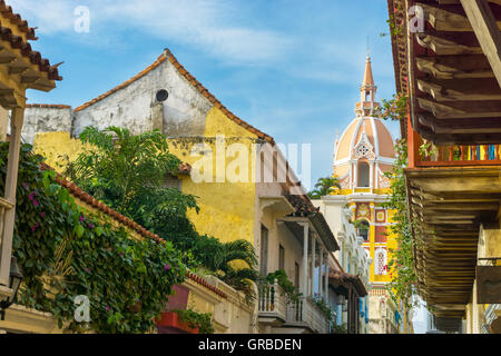 View of balconies and colorful cathedral in Cartagena, Colombia Stock Photo