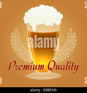 Glass of beer with barley wings and wording Premium Quality. Vector illustration Stock Vector