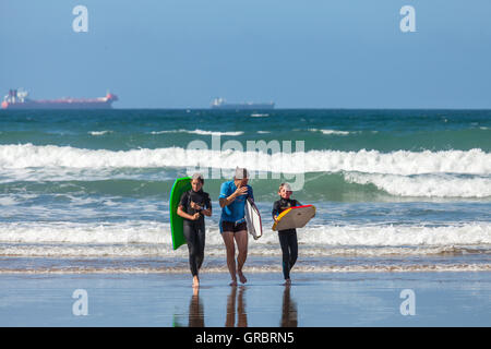 Body boarding on Druidstone Beach in Pembrokeshire Stock Photo