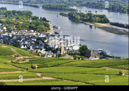 Rüdesheim Am Rhein And Vineyards, Upper Middle Rhine Valley, Germany, View From Niederwald Monument Stock Photo