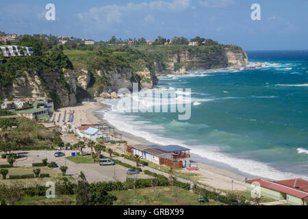 View Over White Sandy Beach And Surge In The Bay Near Tropea, Calabria Stock Photo