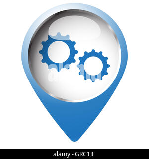 Map pin symbol with Gears icon. Blue symbol on white background. Stock Photo