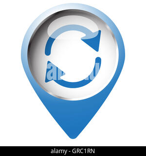 Map pin symbol with Refresh icon. Blue symbol on white background. Stock Photo