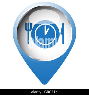 Map pin symbol with Lunch Time icon. Blue symbol on white background. Stock Photo