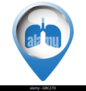 Map pin symbol with Lungs icon. Blue symbol on white background. Stock Photo