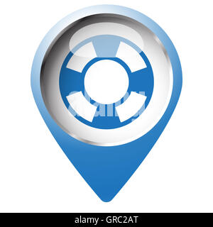 Map pin symbol with Life Buoy icon. Blue symbol on white background. Stock Photo