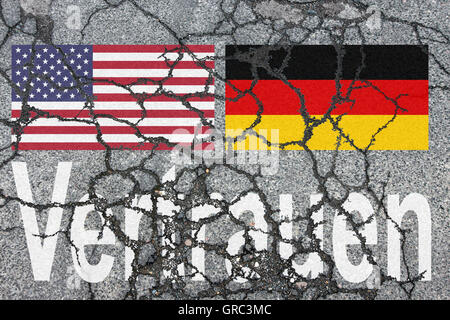 Eroding Us And Eu Flags On A Bad Road Stock Photo