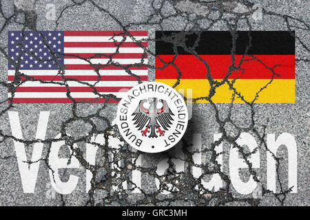 Eroding German And Us Flags With Sign Of Bundesnachrichtendienst On A Bad Road Stock Photo