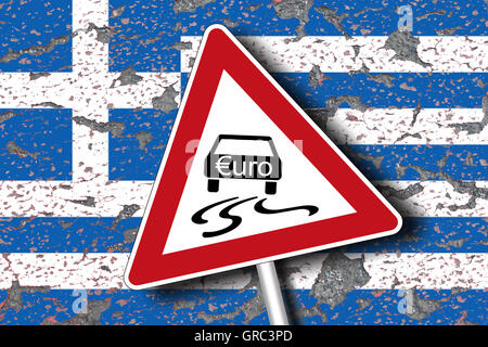 Eroding Greek Flag With Traffic Sign Attention Slippery Road With Euo Sign Stock Photo