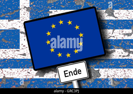 Eroding Greek Flag Wiith Traffic Sign End Of Eu European Union Stock Photo
