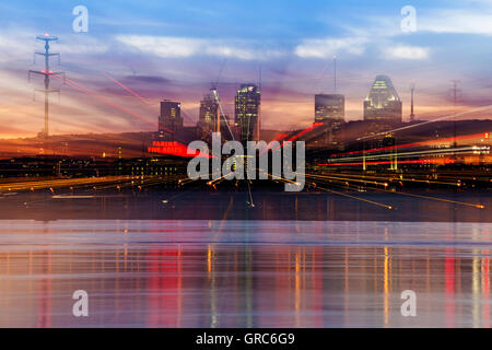 Abstract Blue hour in downtown Montreal reflected in st Lawrence river , Quebec, Canada, Stock Photo