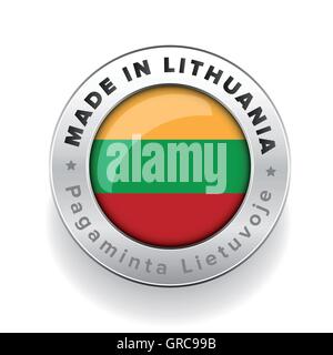 Made in Lithuania silver button with Lithuanian translation Stock Vector
