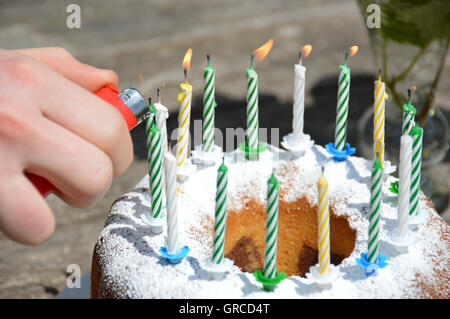 Birthday Cake With Burning Candles, The Seventeenth Birthday Stock Photo