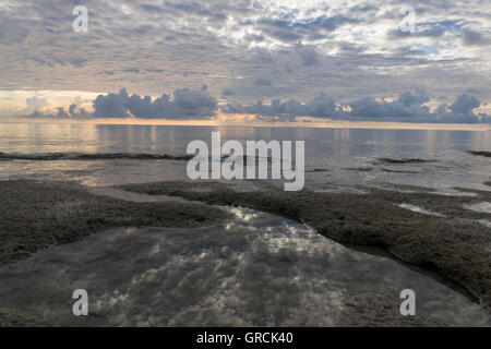 Dawn At Beachfront During Low Tide, Flat Sea, Cumulus Clouds Stock Photo