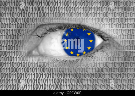 Data Protection Woman S Eye With Binary Code And Flag Of Eu European Union Stock Photo