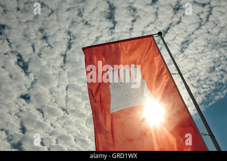Flag Of State Hamburg Waving In The Sun Stock Photo