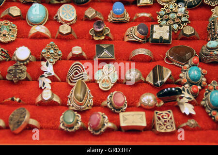 Colorful ornate Moroccan jewelry for sale in the souks of Marrakesh
